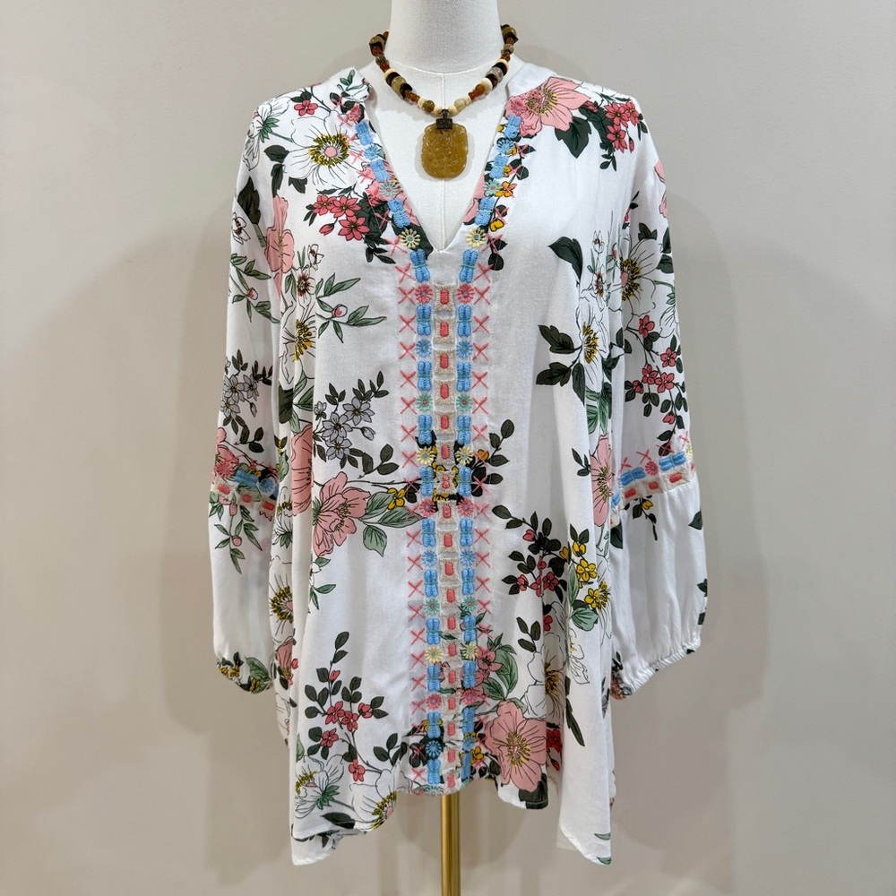 Cottage Floral Embroidered Long Puff Sleeve Tunic Blouse 1X Bohemian Maximalist